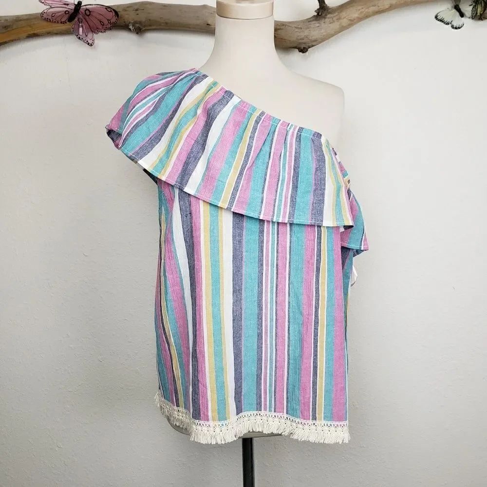 JustFab one shoulder ruffled fringe striped top